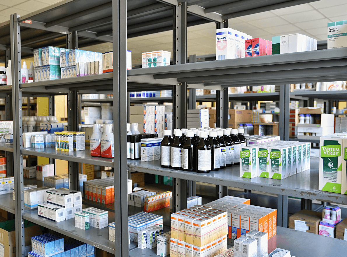 Pharmacy shelves with medicines