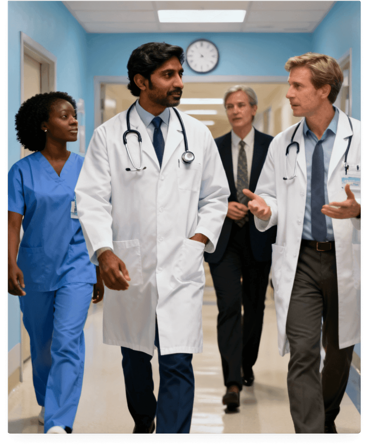 Hospital staff walking in corridor