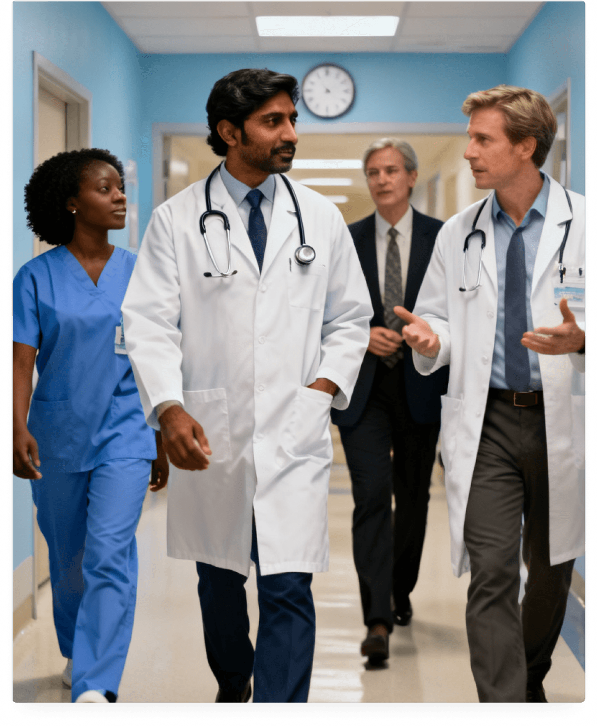 Hospital staff walking in corridor